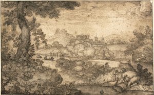 Landschaft mit Figuren, die im Vordergrund Weizen binden