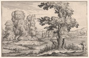 Landschaft mit weidenden Ziegen in der Nähe eines Flusses und einer Figur im rechten Vordergrund, aus einer Serie..., 1638