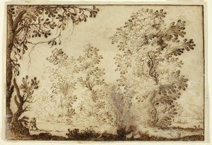 Waldlandschaft mit Reisendem im Vordergrund