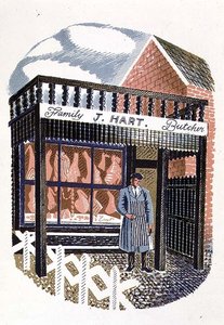 Der Metzgerladen, gedruckt von der Curwen Press, aus High Street, von J.M. Richards, veröffentlicht von Country Life, 1938 (Satz von 24)