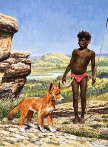 Aborigine-Junge mit Dingo