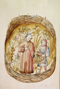 Ein Apotheker und sein Assistent sammeln Kräuter und Wurzeln in einem Kräutergarten, um 1380-1400 von Erich Lessing