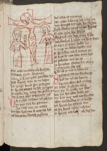 Ganzseitig: Text mit farbiger Zeichnung: Kreuzigung mit Maria und Johannes