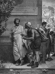 Ostrakismus im antiken Griechenland: "Aristide und der Bauer". Ein Analphabet, der den athenischen Staatsmann Aristide den Gerechten nicht erkennt, bittet ihn, seinen Namen auf eine Scherbe zu schreiben. Gravur nach dem Gemälde von Eugene Erne
