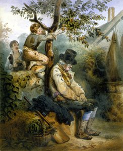 Kinder stehlen Äpfel unter der Nase des schlafenden Bauern - Lithografie von Grenier, ca. 1840