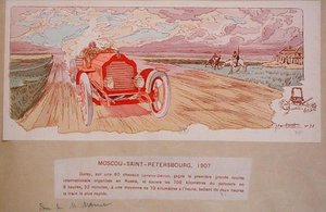 Arthur Duray in seinem Lorraine-Dietrich, der die Rallye Moskau-St. Petersburg 1907 gewinnt, ca. 1910 von Ernest (after) Montaut