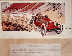 Marcel Renault (1872-1903) in seinem Renault Frères im Paris-Wien-Rennen 1902, ca. 1910 von Ernest (after) Montaut