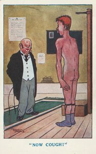 Arzt bittet einen nackten Mann, während einer medizinischen Untersuchung zu husten von Ernest (after) Noble