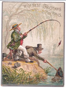 Viktorianische Weihnachtskarte von zwei Männern beim Angeln am Fluss, ca. 1880 von Ernest Henry Griset