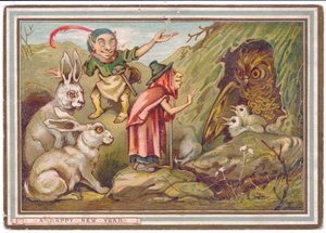 Viktorianische Neujahrskarte von einer alten Frau, die eine Eule begrüßt, beobachtet von einem Zwerg und zwei Kaninchen, ca. 1880