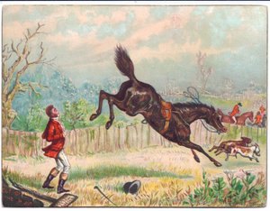 Viktorianische Grußkarte von einer Fuchsjagd mit einem einsamen Pferd, das davon galoppiert und den Jäger zurücklässt, ca. 1880 von Ernest Henry Griset