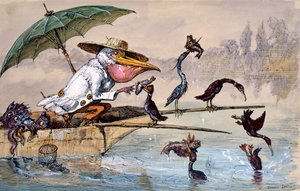 Kormorane präsentieren einem Pelikan Fisch in einem Kahn unter einem Regenschirm, ca. 1864-1907 von Ernest Henry Griset
