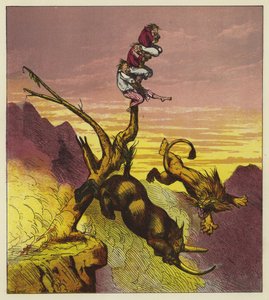 Der Löwe und das Nashorn stürzen über die Klippe, während sie darüber streiten, wer den ersten Bissen der drei Seefahrer bekommt von Ernest Henry Griset