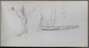 Skizzenbuch, Seite 43: Studien: Pferdebein, Figur in einem Boot und Profil