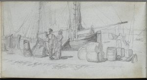 Skizzenbuch, Seite 50: Boote, Figuren, Fracht am Strand