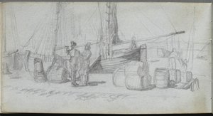 Skizzenbuch, Seite 50: Boote, Figuren, Fracht am Strand