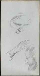 Skizzenbuch, Seite 70: Studie von zwei Gesichtern und einer Hand