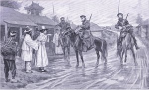 Kosakenspäher sammeln Informationen von einem koreanischen Gefangenen, Illustration aus Cassells Geschichte des Russisch-Japanischen Krieges Band 1, ca. 1900 von Ernest Prater