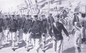 Japaner marschieren durch Tokio, Illustration aus Cassells Geschichte des Russisch-Japanischen Krieges Band 1, ca. 1900