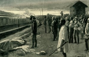 Der Zug, der die Überreste von Mr. Rhodes transportiert, wird von den Blockhauswachen begrüßt, 1902 von Ernest Prater