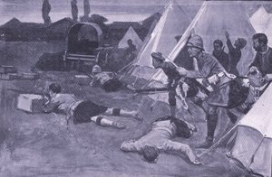 Der Angriff auf das britische Lager auf dem Marktplatz von Jacobsdal, Illustration aus After Pretoria: The Guerilla War, 1902