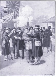 Truppen verlassen Tokio, Illustration aus Cassells Geschichte des Russisch-Japanischen Krieges Band 1, ca. 1900