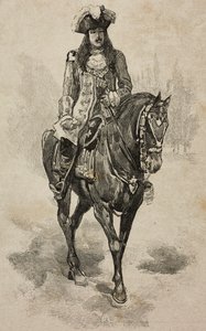 Graf von Turin Vittorio Emanuele von Savoyen im Kostüm von Vittorio Amedeo II. von Savoyen beim Turnier in der Villa Borghese anlässlich der Silberhochzeit von Umberto I. und Margherita von Savoyen, Rom, Italien