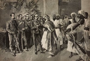General Tancredi Saletta bietet Kantibai, dem Häuptling von Abab, Massawa, Eritreischer Krieg, ein Schwert an, Gravur von Ernesto Mancastroppa nach einer Zeichnung von G Amato, aus L