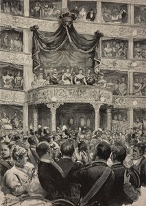 Umberto I. und Margherita von Savoyen, begleitet von den Herrschern Deutschlands, im Teatro Argentina anlässlich der Silberhochzeitsfeierlichkeiten, 21. April