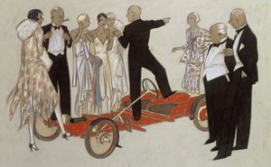 Eine Gruppe von Damen und Herren in Abendkleidung, die einem Redner zuhören, der in einem Bugatti 