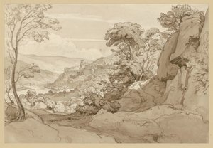 Blick auf das Schloss in Heidelberg, vorn ein Felshang von Ernst Fries