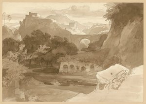 Felsige Gebirgslandschaft mit Viadukt. Motiv aus den Sabinerbergen von Ernst Fries