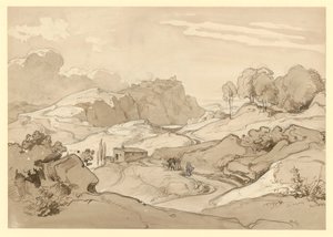 Italienische Landschaft mit Felsenhügeln und Bäumen, am Weg eine Hütte und figürliche Staffage von Ernst Fries