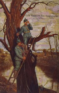 Gute Nachrichten für das Hauptquartier, deutsche Soldaten beobachten das Schlachtfeld und berichten dem Hauptquartier über ein Feldtelefon, Erster Weltkrieg, 1915