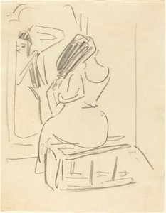 Eine Frau, die sich vor einem Spiegel die Haare kämmt von Ernst Ludwig Kirchner