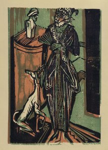 Dame mit Hund. aus: Katalog der Ausstellung von Kleidern aus der Stickstube von Frau Eucken in Bremen von Ernst Ludwig Kirchner