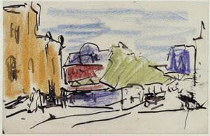Flusslandschaft mit Häusern und Fußgängerbrücke von Ernst Ludwig Kirchner