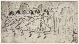 Liegende Lotte auf Kissen / Sechs Tänzerinnen vor Bogendekoration - Englisches Ensemble von Ernst Ludwig Kirchner