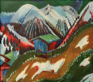 Schneeschmelze. Berglandschaft mit Alphütte