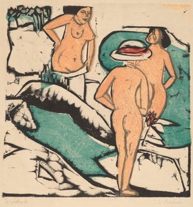 Frauen baden zwischen weißen Steinen