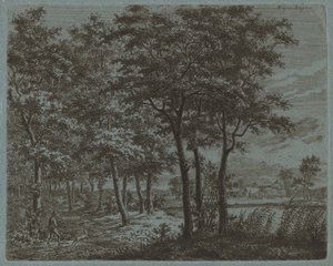 Landschaft mit einem Bauern, der Brennholz trägt, ca. 1800