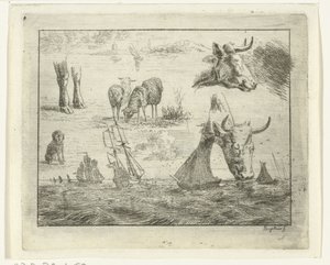 Studienblatt mit einem Meeresblick, zwei Kuhköpfen, Schafen, einem Hund und zwei Pfoten von Ernst Willem Jan Bagelaar