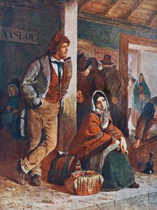 Irische Auswanderer am Bahnhof Ballinasloe auf dem Weg nach Galway, Irland, um im 19. Jahrhundert Schiffe nach Amerika zu besteigen, nach dem Gemälde von Erskine Nicol. von Erskine Nicol