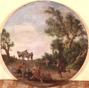 Räuber greifen einen Reisenden auf einem Weg bei einem Wald an von Esaias II van de Velde