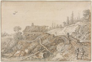 Hügelige Landschaft mit Hütte neben einem Bach von Esaias van de Velde