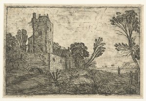Hoher quadratischer Turm hinter einer Mauer an einem Graben von Esaias van de Velde