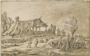 Landstraße mit Schafherde und Reitern bei Regensturm von Esaias van de Velde