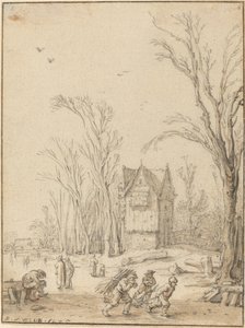 Dorfbewohner beim Schlittschuhlaufen auf einem zugefrorenen Teich von Esaias van de Velde