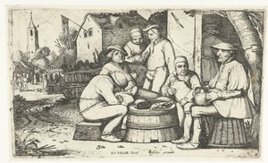 Sechs Bauern sitzen um ein Fass bei einem Gasthaus von Esaias van de Velde
