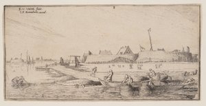 Fischer in Ruderbooten vor einer ummauerten Stadt, aus Landschaften von Esaias van den Velde I